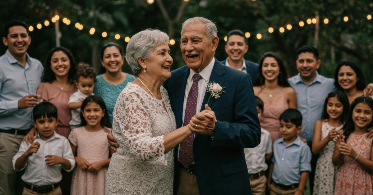 An older couple shares a dance with family at a wedding, capturing a moment of joy and celebration among loved ones.