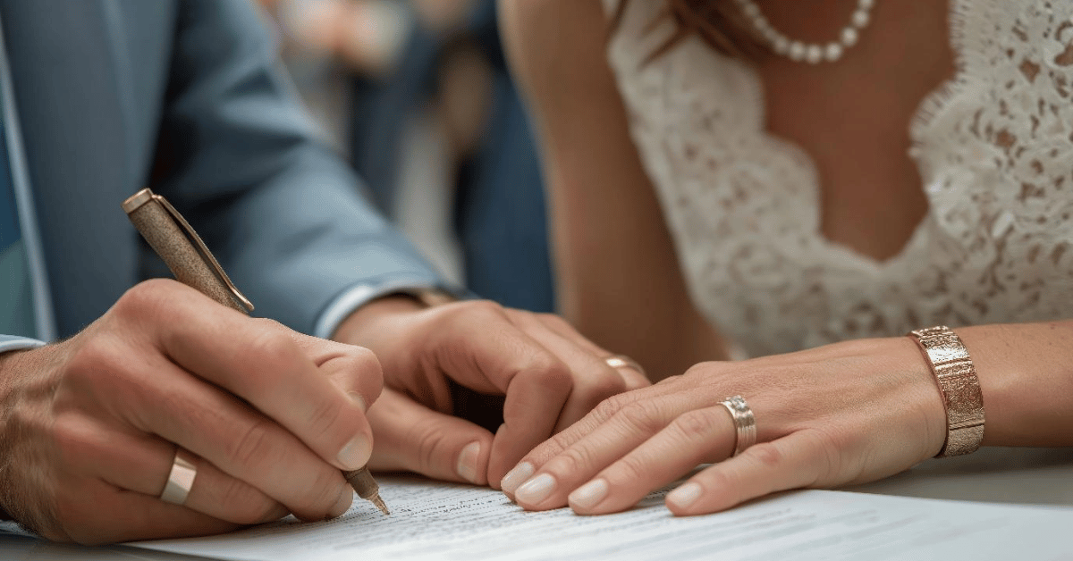 A man and woman sign a marriage contract during a legals-only wedding ceremony with a celebrant and two witnesses present.