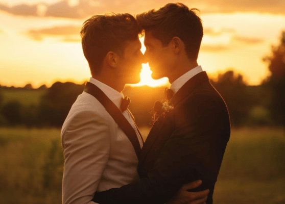 Two men in suits kiss joyfully in the sunlight, celebrating their union with a wedding celebrant in Melbourne.
